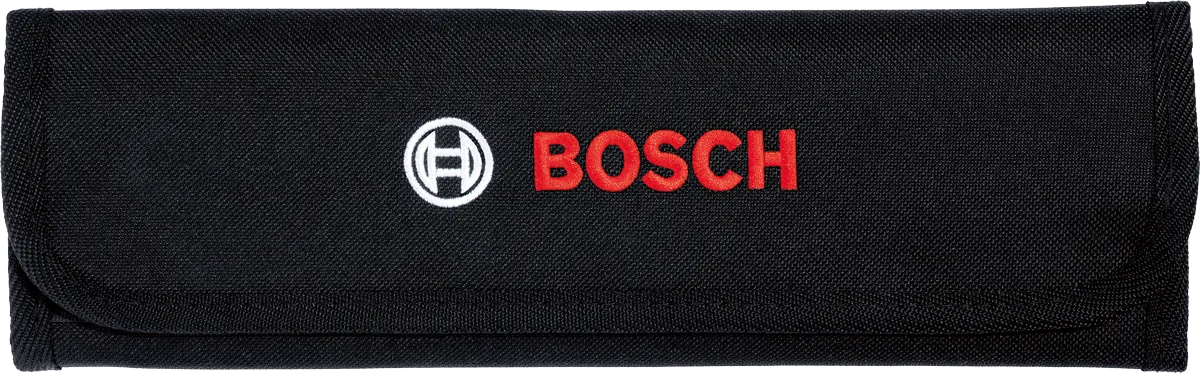 Набор гаечных ключей Bosch в закрытой черной брезентовой сумке.
